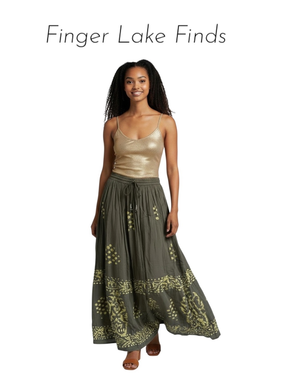 Relativity Olive/Gold Printed Broomstick Skirt, M